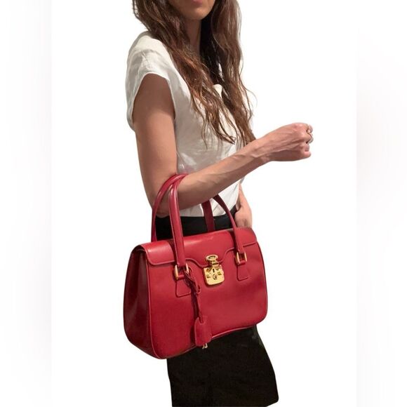 Gucci Red Leather Satchel with Gold Clasp - Picture 1 of 14
